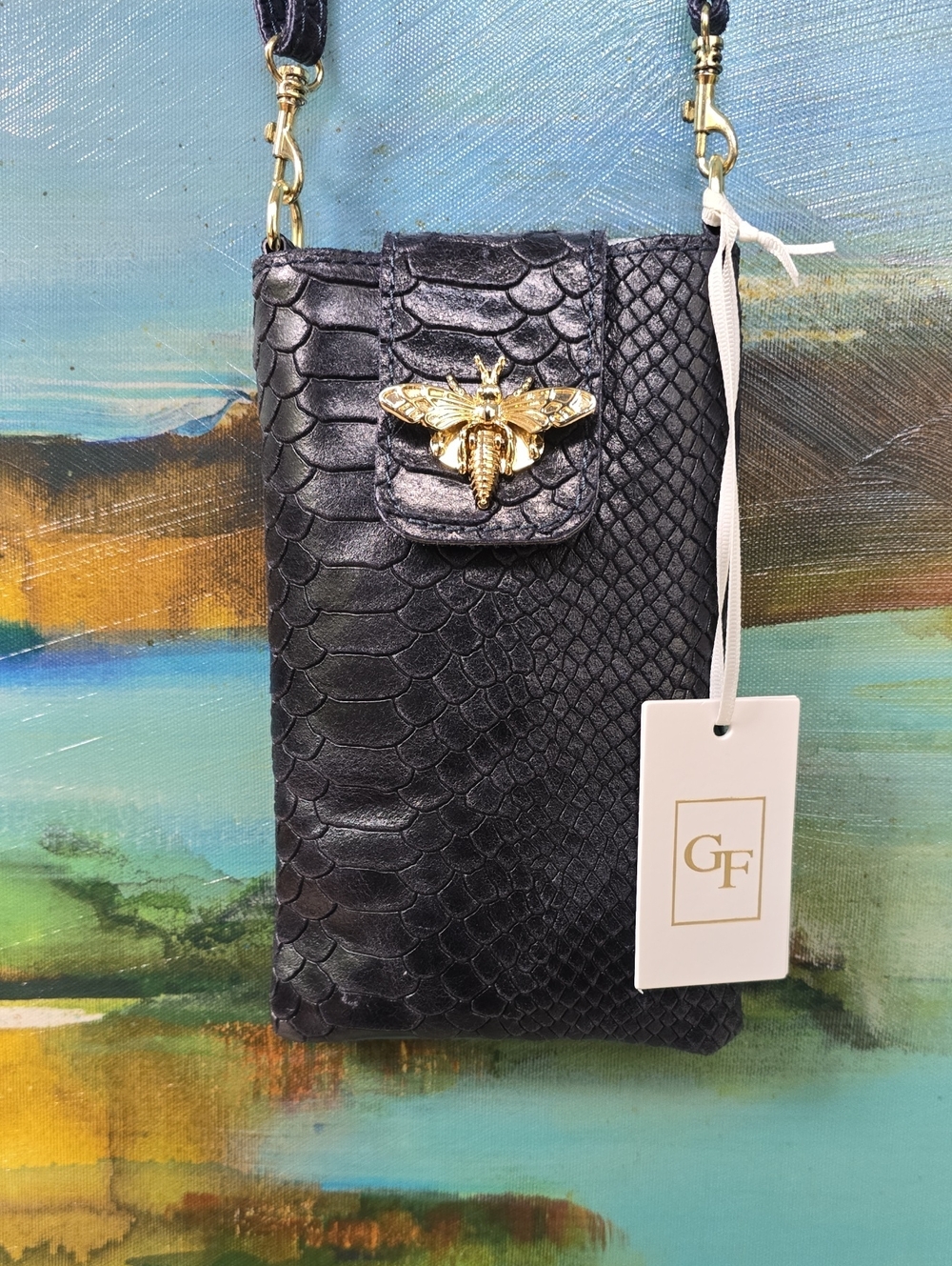German Fuentes Navy Snakeskin Embossed Crossbody Phone Bag with Gold Bee Accent - Picture 2 of 14